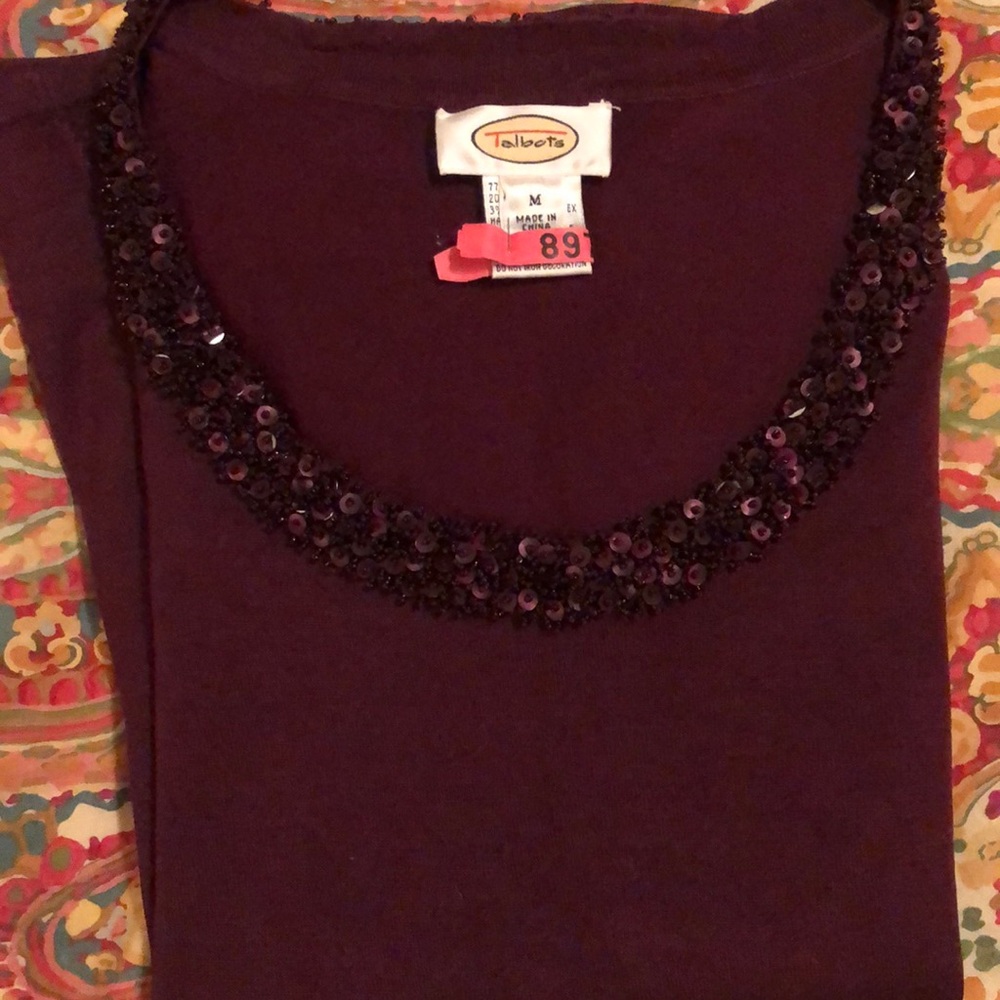 Talbots maroon beaded and sequined scoop neck sweater. 3/4 sleeve